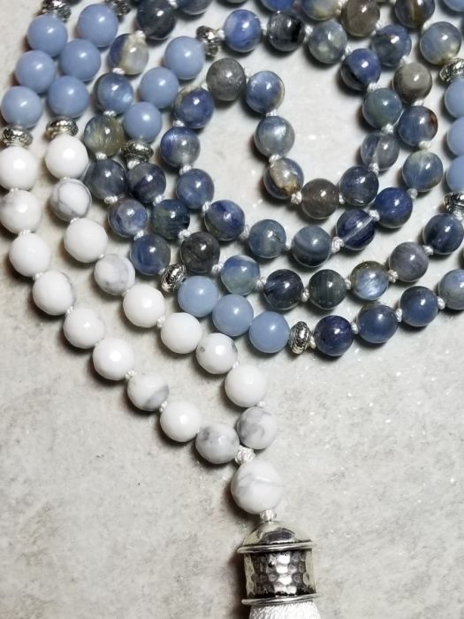 Blue Kyanite, Angelite, Howlite 108 Prayer Bead Mala outlet Necklace with Tassel